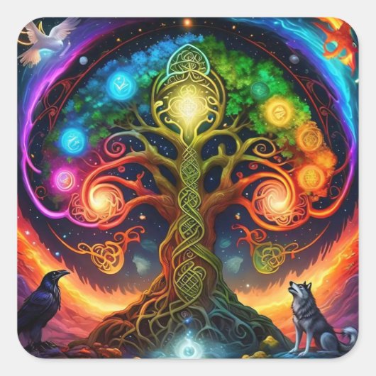 Levendige regenboog Keltische boom met wolven en r Vierkante Sticker (Voorkant)