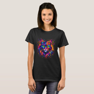 Levendige Regenboog Neon Kat Spatwater Kunst Verfs T-shirt