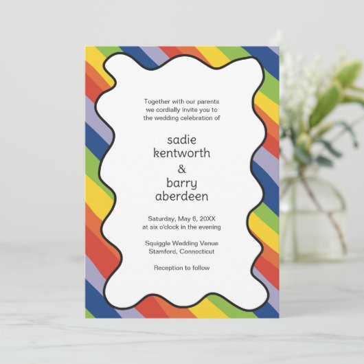Levendige regenboog Squiggle Lijst Modern Wedding Kaart (Staand voorkant)