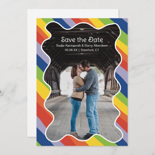 Levendige regenboog Squiggle Lijst Modern Wedding Save The Date (Voorkant / Achterkant)