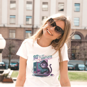 Levendige Retro 90s Cat Hacker T-shirt