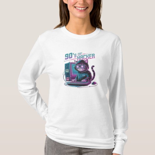 Levendige Retro 90s Cat Hacker T-shirt met lange m (Voorkant)