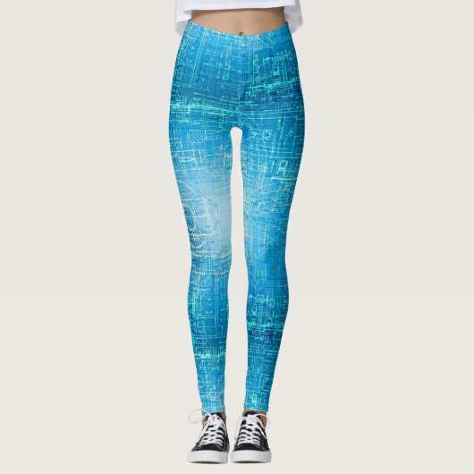Levendige Retro Blauwdruk Leggings (Voorkant)