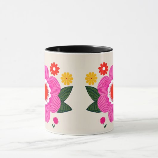 Levendige Retro Bloem – Vetroze en Gele Bloemen Mok (Midden)