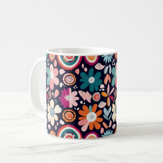 Levendige Retro Bloemen en Geometrisch Patroon Koffiemok (Voorkant links)