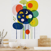 Levendige Retro Bloemige Boho Chic Donkere Abstrac Poster (Keuken)
