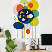 Levendige Retro Bloemige Boho Chic Donkere Abstrac Poster (Thuiskantoor)