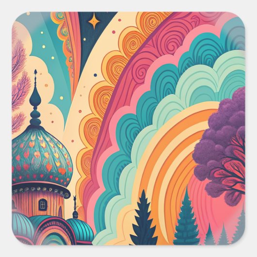 Levendige Retro Droomlandschap Sticker – Aanpasbaa (Voorkant)