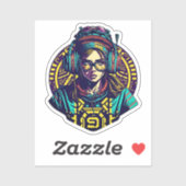 Levendige Retro Groove: Cool Girl met Hoofdtelefoo Sticker (Vel)