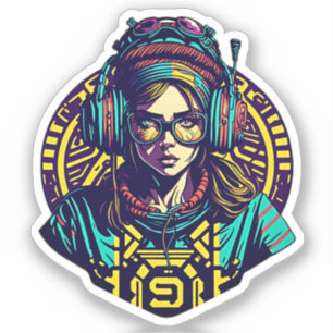 Levendige Retro Groove: Cool Girl met Hoofdtelefoo Sticker