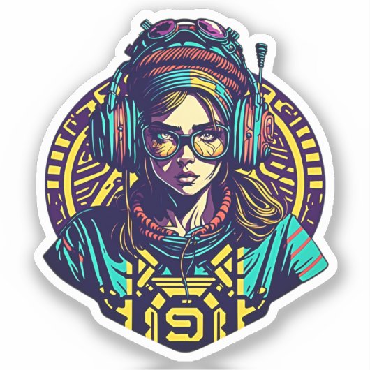Levendige Retro Groove: Cool Girl met Hoofdtelefoo Sticker (Voorkant)