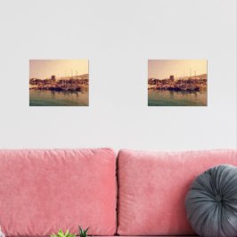 Levendige retro koraal zonsondergang Bodrum haven Muurkunst Sets