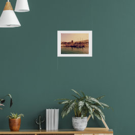 Levendige retro koraal zonsondergang Bodrum haven Poster