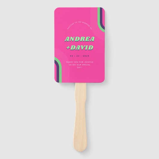 Levendige Retro Rainbow Hot Pink 70s bruiloft prog Handwaaier (Voorkant)