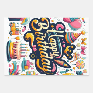 Levendige Retro Stijl Gelukkige Verjaardag Feest Inpakpapier Vel
