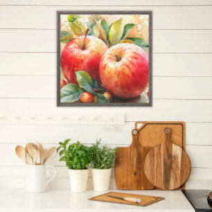 Levendige rode appels Waterverf keukenmuur Canvas Afdruk