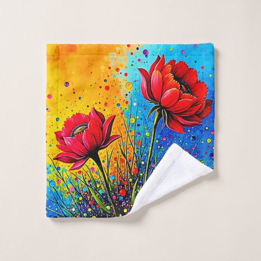 Levendige Rode Bloemen Pop Art Print Bad Handdoek (Wasdoekje)