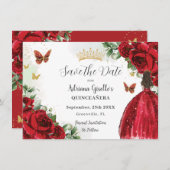 Levendige Rode Bloemen Prinses Jurk Gouden Quincea Save The Date (Voorkant / Achterkant)