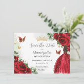 Levendige Rode Bloemen Prinses Jurk Gouden Quincea Save The Date (Staand voorkant)