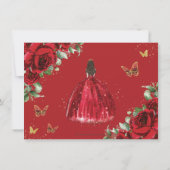 Levendige Rode Bloemen Prinses Jurk Gouden Quincea Save The Date (Achterkant)