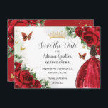 Levendige Rode Bloemen Prinses Jurk Gouden Quincea Save The Date<br><div class="desc">Personaliseer deze rode bloemenquinceañera / Sweet 16 birthday en bewaar de datum gemakkelijk en snel. Klik op de knop verder aanpassen om de teksten te bewerken, lettertypen en lettertypekleuren te wijzigen. Met een meisje gekleed in een prachtige glitterige rode baljurk, levendige rode rozen, vlinders en gouden elementen. Overeenkomende objecten beschikbaar...</div>