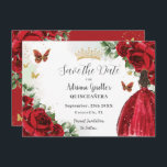 Levendige Rode Bloemen Prinses Jurk Gouden Quincea Save The Date<br><div class="desc">Personaliseer deze rode bloemenquinceañera / Sweet 16 birthday en bewaar de datum gemakkelijk en snel. Klik op de knop verder aanpassen om de teksten te bewerken, lettertypen en lettertypekleuren te wijzigen. Met een meisje gekleed in een prachtige glitterige rode baljurk, levendige rode rozen, vlinders en gouden elementen. Overeenkomende objecten beschikbaar...</div>