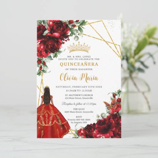 Levendige Rode Bloemen Prinses Quinceañera Kaart (Staand voorkant)