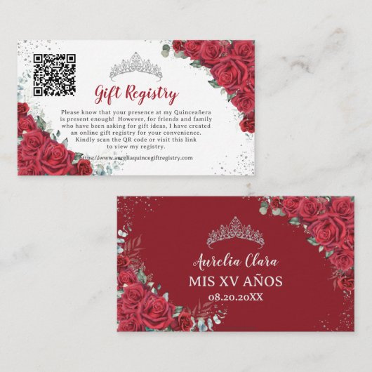 Levendige Rode Bloemen Quinceañera QR Gift Registr Informatiekaartje (Voorkant / Achterkant)