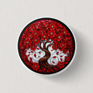 Levendige rode bloemenboom met stijlvolle details ronde button 3,2 cm