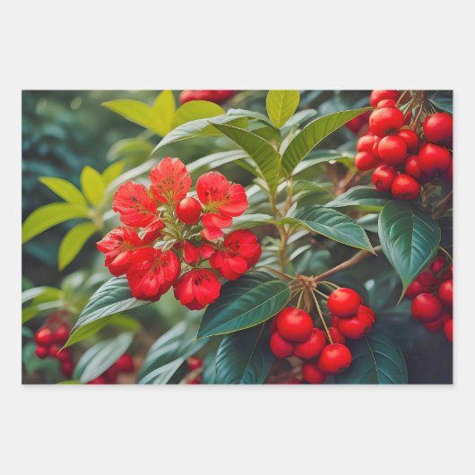 Levendige rode bloesems en clusters van bessen inpakpapier vel (Voorkant)