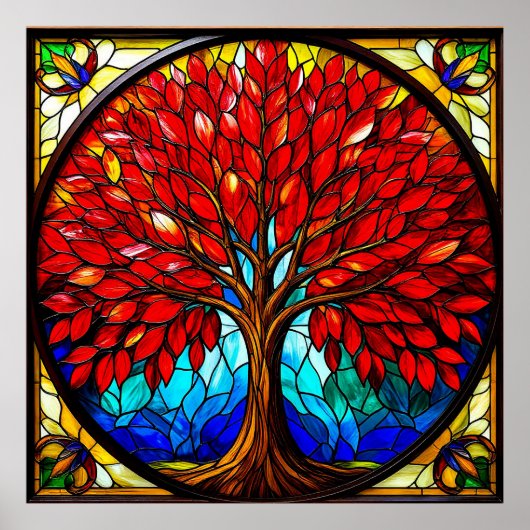 Levendige Rode Boom Glas-in-Lood Kunst Poster (Voorkant)