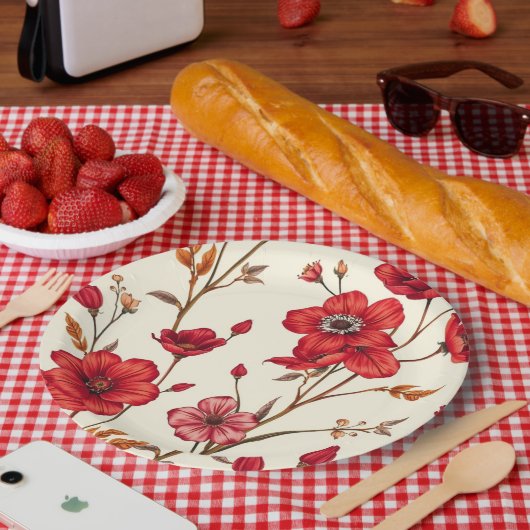 Levendige rode botanische illustratie papieren bordje (Picknick)