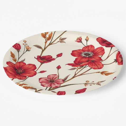 Levendige rode botanische illustratie papieren bordje (Gekanteld)