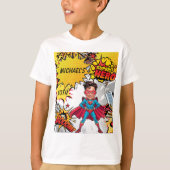 Levendige rode en gele superheldenkarikatuur t-shirt (Voorkant)