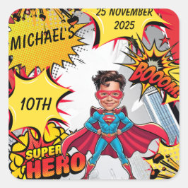 Levendige rode en gele superheldenkarikatuur vierkante sticker