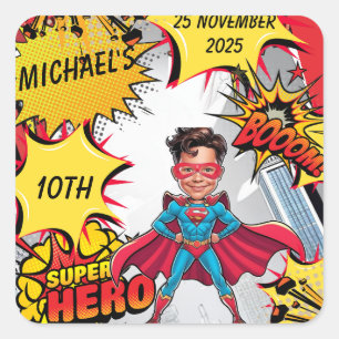 Levendige rode en gele superheldenkarikatuur vierkante sticker