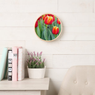Levendige rode en gele tulpen in de lentetuin