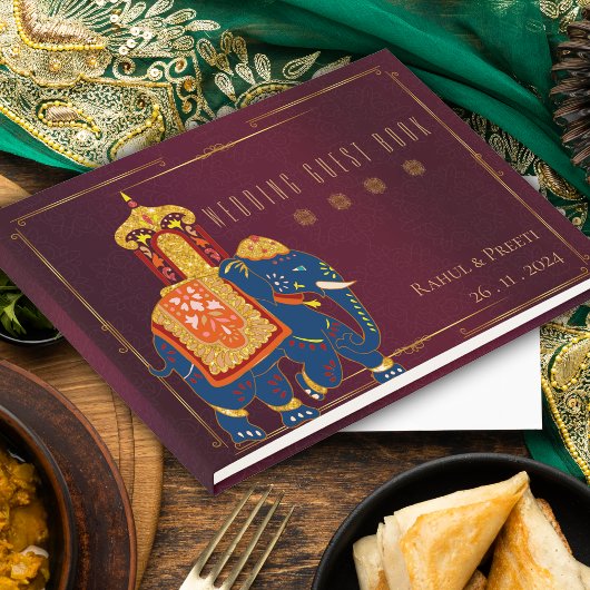 Levendige rode en gouden Indiase bruiloft Keepsake Gastenboek