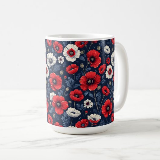 Levendige Rode en Witte Klaproos Bloemen Koffiemok (Voorkant rechts)