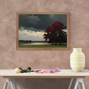 Levendige rode esdoorn van Calm Lake Foto Afdruk