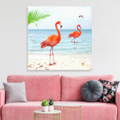 Levendige rode flamingo's en palm op het strand canvas afdruk (Insitu (Woonkamer))