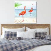 Levendige rode flamingo's en palm op het strand canvas afdruk (Insitu (Slaapkamer))