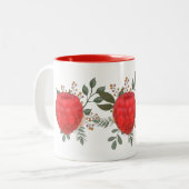 Levendige rode framboos met bloemige bladeren tweekleurige koffiemok (Voorkant links)