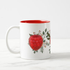 Levendige rode framboos met bloemige bladeren tweekleurige koffiemok
