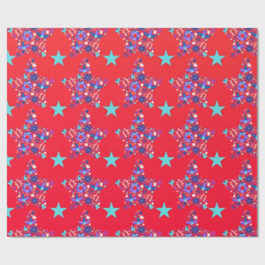 Levendige rode gradiënt Floral Star Pattern Wrappi Cadeaupapier (Vlak)
