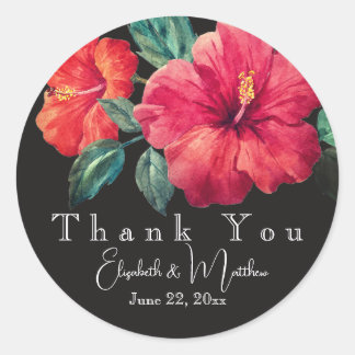 Levendige Rode Hibiscus Elegante Zwart/Wit Dank Je Ronde Sticker