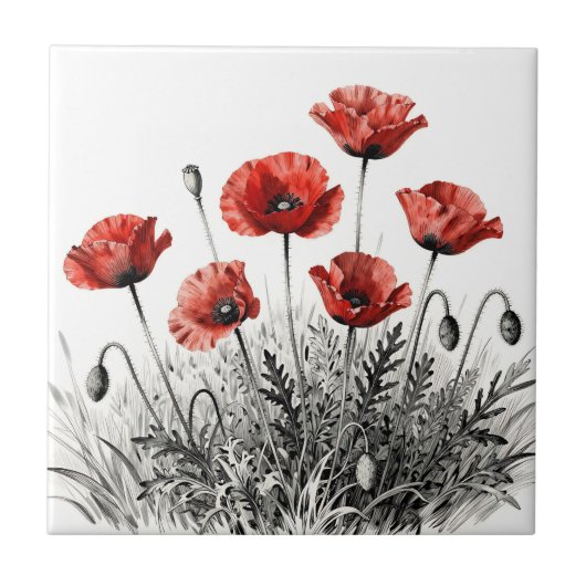 Levendige rode klaproos bloemenwei tegeltje (Voorkant)