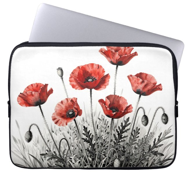 Levendige rode klaproos bloemenweide laptop sleeve (Voorkant)