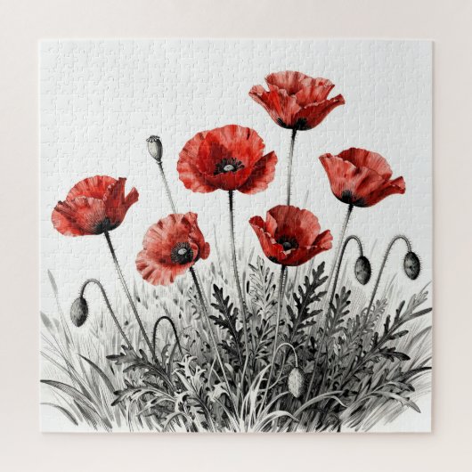 Levendige rode klaproos bloemenweide legpuzzel (Verticaal)