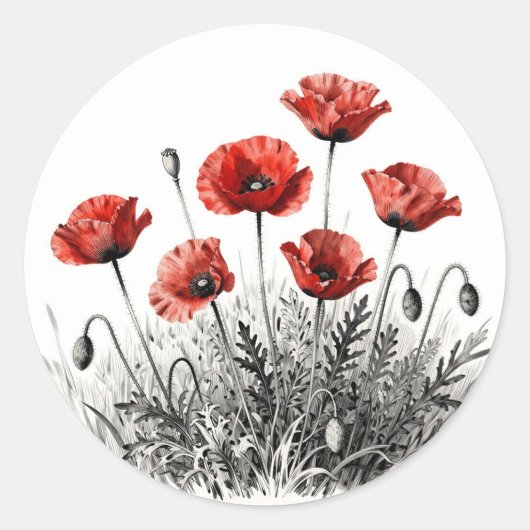 Levendige rode klaproos bloemenweide ronde sticker (Voorkant)
